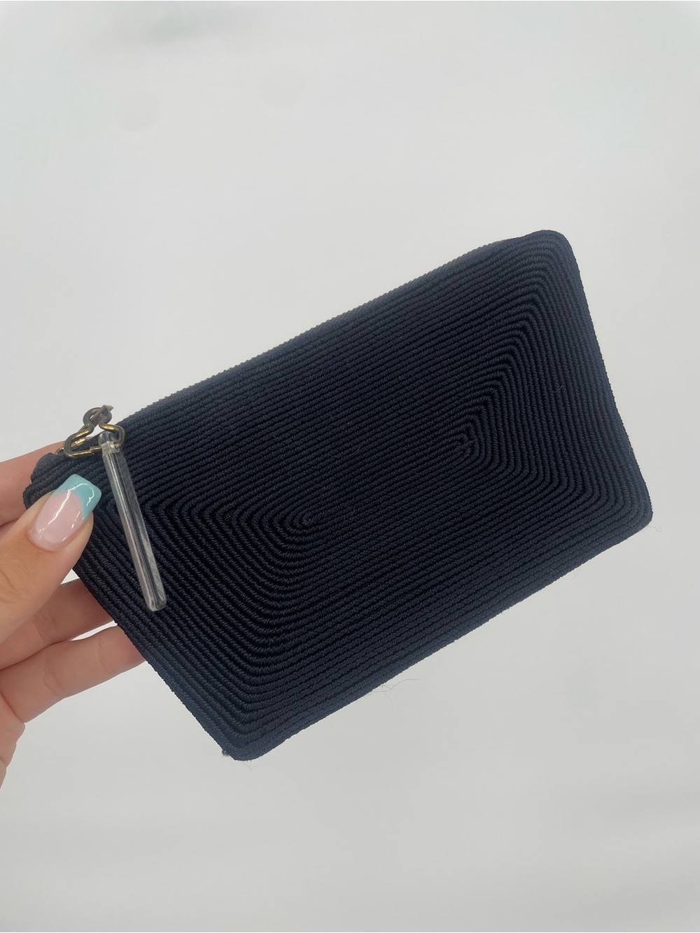 Navy Blue 1940s Textured Small Zip Pouch Clear Lucite Charm Metal Zip Clutch